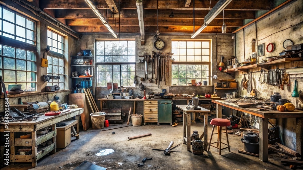Interior of an old dirty garage filled with scattered tools and equipment, mechanics workshop, garage, messy, cluttered, tools Interior of an old dirty garage filled with scattered tools and equipment, mechanics workshop, garage, messy, cluttered, tools
