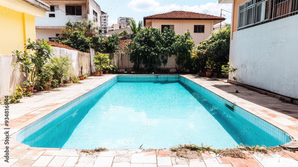 Fototapeta premium A serene view of a clear swimming pool surrounded by greenery and residential buildings, perfect for relaxation and leisure.