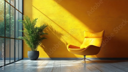 Bright yellow interior with a modern chair and indoor plant.
