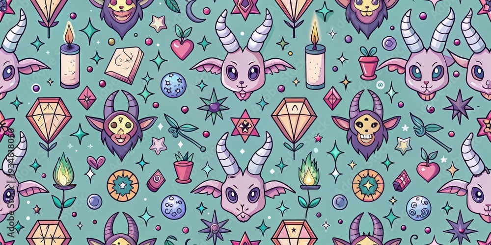 Cute pattern featuring baphomet and magic items such as crystals, potions, spell books, and pentagrams, baphomet, cute Cute pattern featuring baphomet and magic items such as crystals, potions, spell books, and pentagrams, baphomet, cute