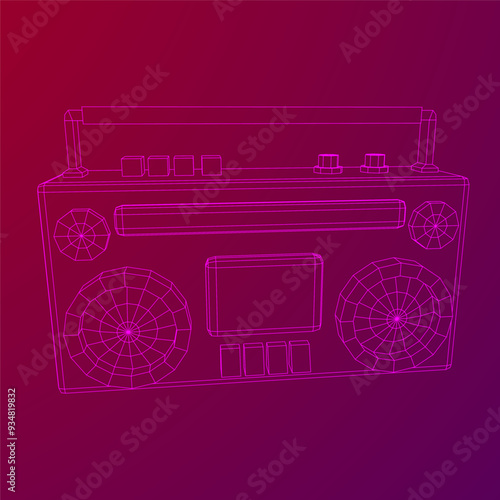 Retro Boombox outdated portable cassette tape recorder. Wireframe low poly mesh vector illustration.