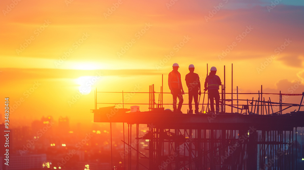 Fototapeta premium Silhouette Of Engineer And Construction Teamwork