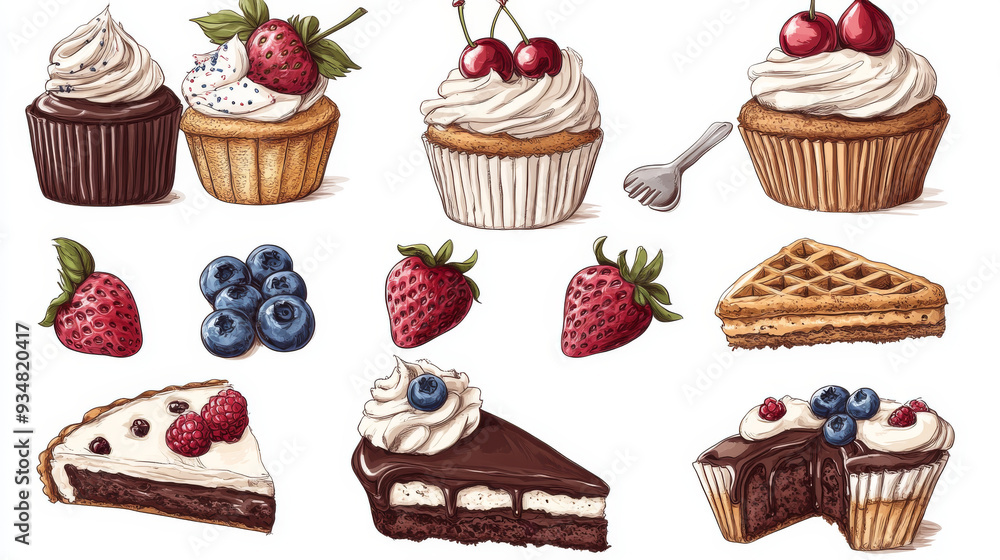Sketches of bakery and pastry desserts, including chocolate cake, cupcakes, muffins, fruit desserts, and berry pies. Topped with cream, cherries, strawberries, blueberries, sprinkles, and waffles. Sketches of bakery and pastry desserts, including chocolate cake, cupcakes, muffins, fruit desserts, and berry pies. Topped with cream, cherries, strawberries, blueberries, sprinkles, and waffles.