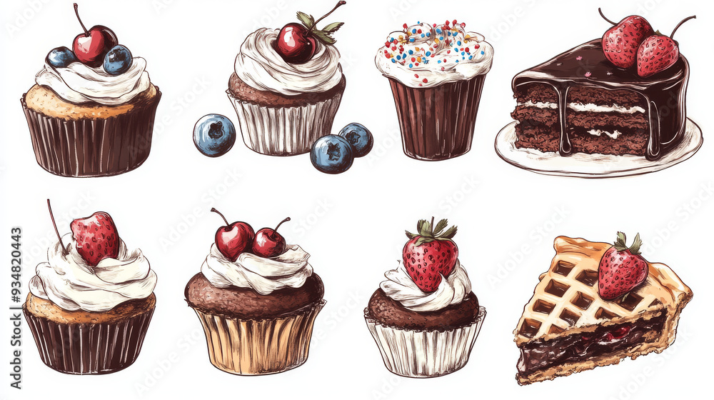 Sketches of bakery and pastry desserts, including chocolate cake, cupcakes, muffins, fruit desserts, and berry pies. Topped with cream, cherries, strawberries, blueberries, sprinkles, and waffles. Sketches of bakery and pastry desserts, including chocolate cake, cupcakes, muffins, fruit desserts, and berry pies. Topped with cream, cherries, strawberries, blueberries, sprinkles, and waffles.