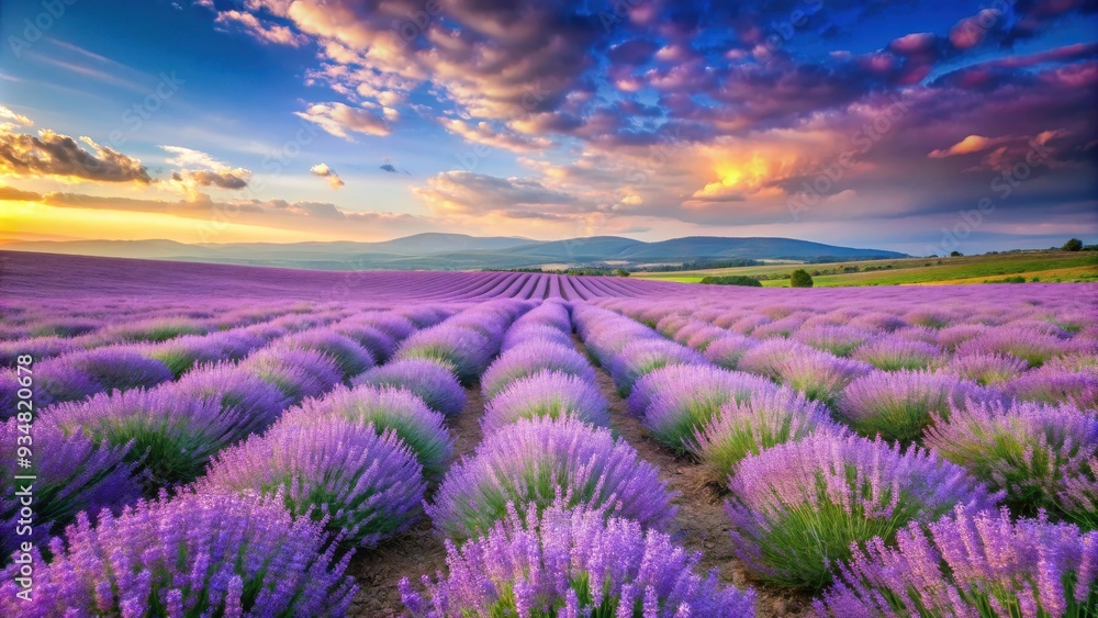 Obraz premium Peaceful view from a lavender field , lavender, flowers, field, panorama, landscape, nature, purple, tranquil, calming, beauty