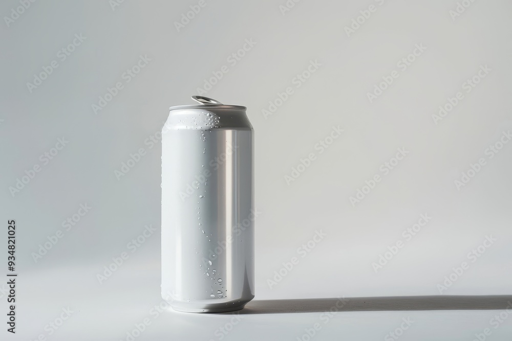 Single White Aluminum Can with Water Droplets on a White Surface Single White Aluminum Can with Water Droplets on a White Surface