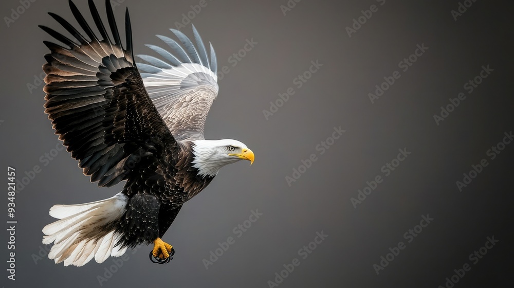 Fototapeta premium A majestic eagle in flight, showcasing its powerful wings and sharp beak against a muted background, symbolizing strength and freedom.