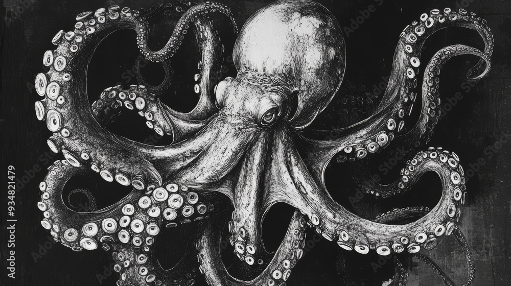Black and white drawing of a giant octopus with eight writhing ...