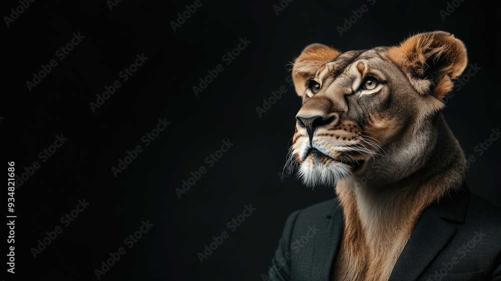 Obraz premium A sophisticated lion wearing a suit, symbolizing strength and elegance, set against a dark background.
