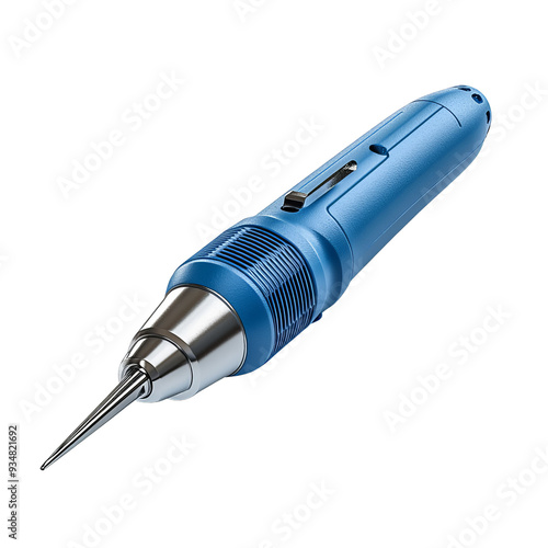 A blue electric screwdriver with a silver tip, isolated on a black background. photo