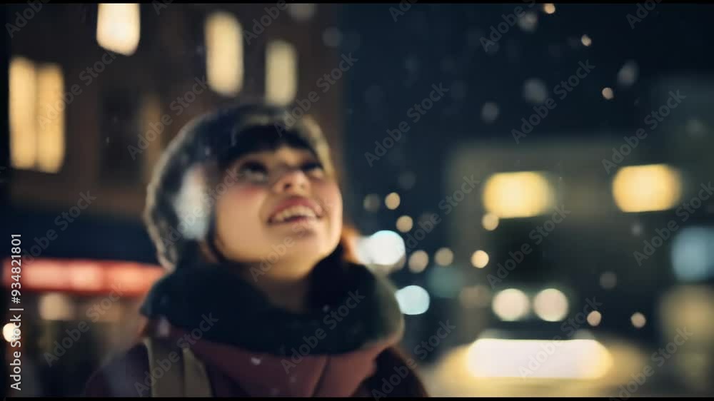 雪の降る町と女性の動画 雪の降る町と女性の動画