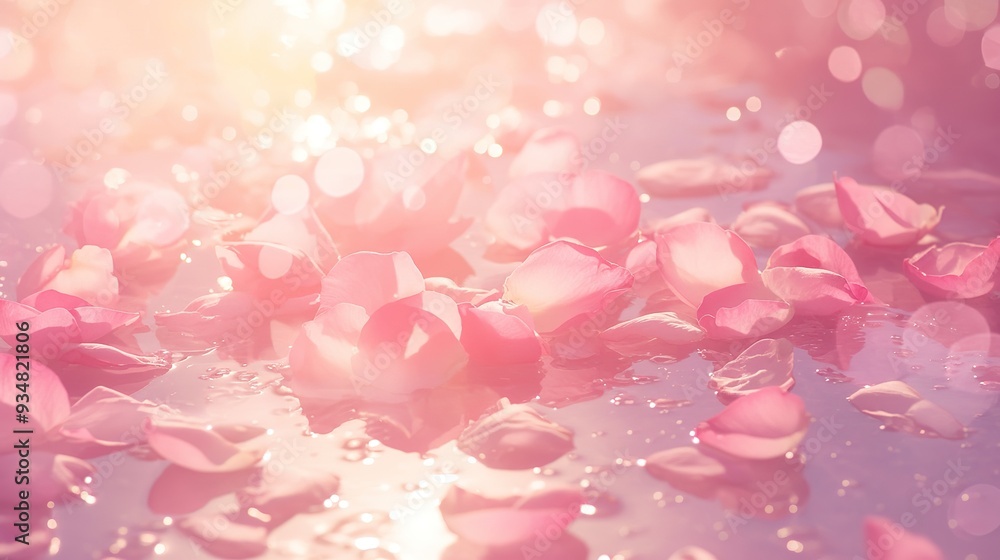 Pink rose petals on water and water drops falling. Natural bright lighting with the sun's reflection on the water surface. Beautiful and romantic wedding background. Valentine's day texture. Pink rose petals on water and water drops falling. Natural bright lighting with the sun's reflection on the water surface. Beautiful and romantic wedding background. Valentine's day texture.