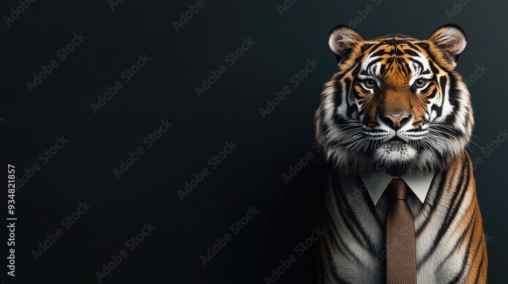 A stylish tiger dressed in a suit, portrayed against a dark background, blending elegance with fierce beauty. A stylish tiger dressed in a suit, portrayed against a dark background, blending elegance with fierce beauty.