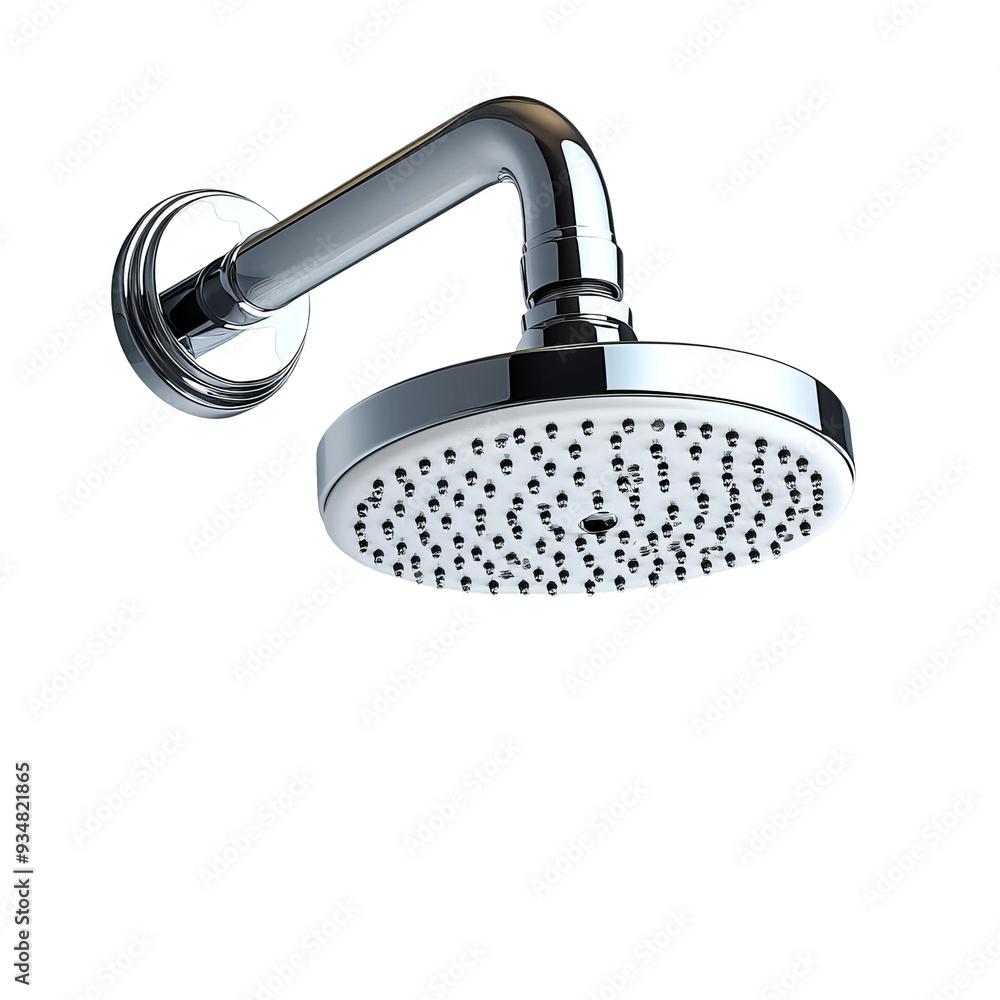 A chrome shower head with a round design and multiple spray holes. The shower head is mounted on a wall. A chrome shower head with a round design and multiple spray holes. The shower head is mounted on a wall.