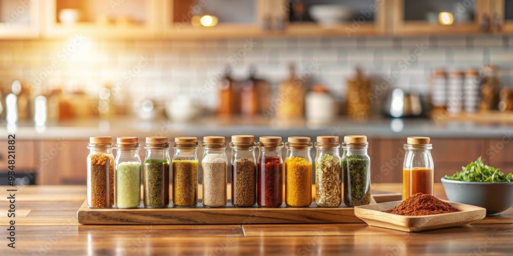 Spice bottles on a wooden tray with a blurred kitchen backdrop Spice bottles on a wooden tray with a blurred kitchen backdrop