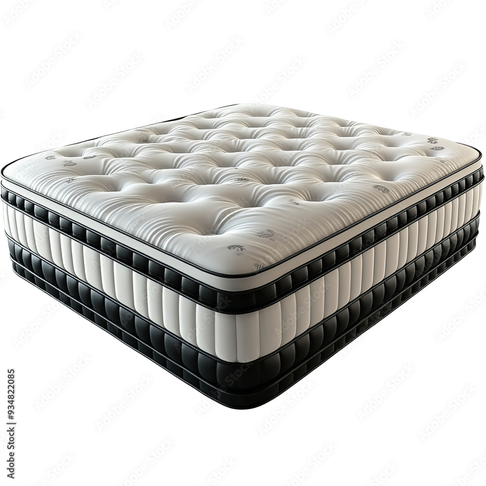 Fototapeta premium A close-up of a white mattress with black trim. The mattress is tufted and has a luxurious look.