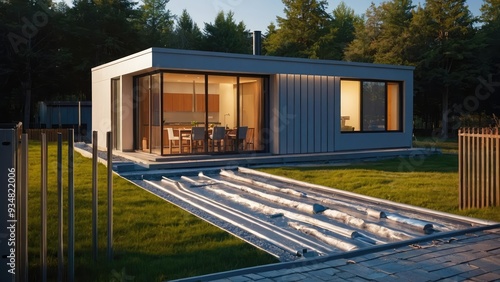 Geothermal house heating using a vertical ground source heat pump system. Illustration produced in three dimensions