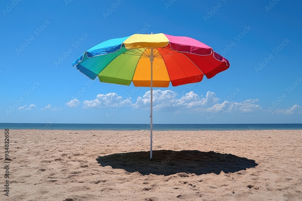 A colorful beach umbrella on the sand. Perfect for representing summer, relaxation, and vacation. A colorful beach umbrella on the sand. Perfect for representing summer, relaxation, and vacation.