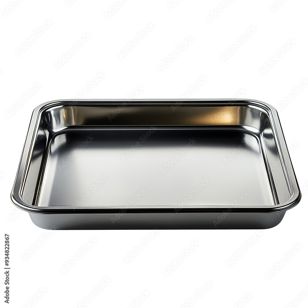 A shiny, empty stainless steel baking pan. A shiny, empty stainless steel baking pan.