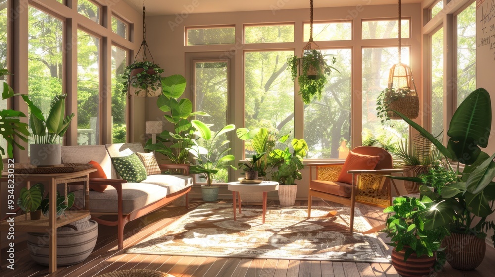 Sunlit living room with large windows and plants. Sunlit living room with large windows and plants.