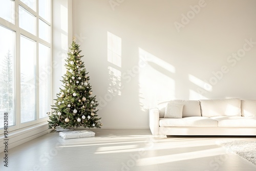 Christmas tree in the corner of a bright, spacious living room, with simple white and gold ornaments, leaving a large area of clean, white wall as negative space to emphasize the tree elegance