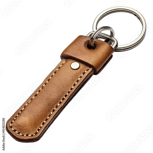 A stylish brown leather keychain with a silver ring.