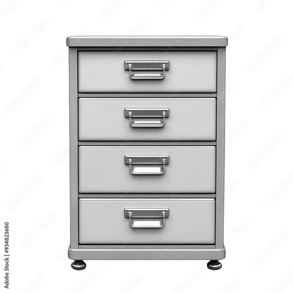 A white metal file cabinet with four drawers, isolated on a black background. A white metal file cabinet with four drawers, isolated on a black background.