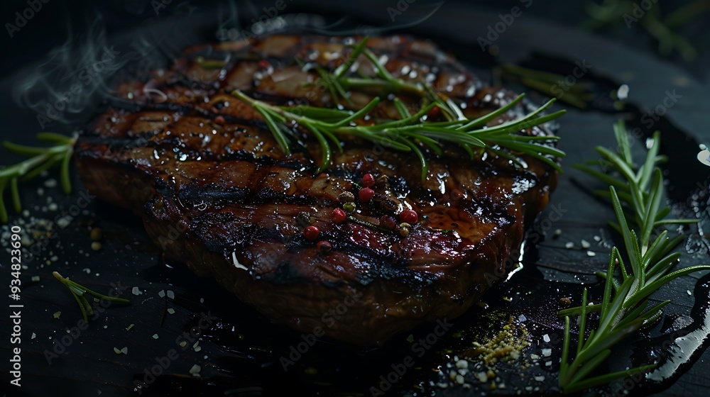 On a shadowy background a grilled ribeye beef steak decorated with rosemary On a shadowy background a grilled ribeye beef steak decorated with rosemary