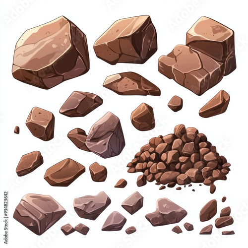 Cartoon-style brown rock stones and boulders, including vector illustrations of gravel and cobblestones. Features rubble blocks, granite pebbles in piles, and cracked mountain formation gravel pieces. photo