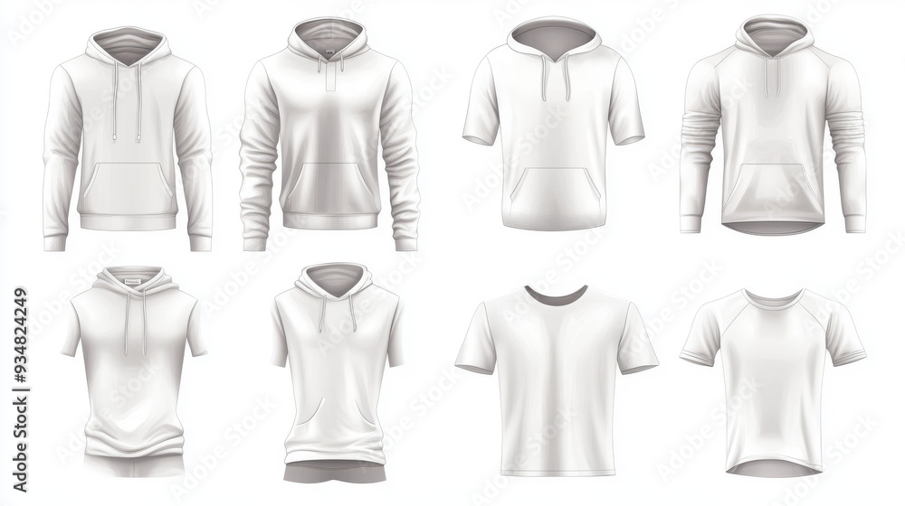 Male fashion t-shirt templates including hoodies, sweatshirts, polos, singlets, and sleeveless shirts. Vector mockups of basic white casual garments, featuring Henleys, tank tops, and underwear. Male fashion t-shirt templates including hoodies, sweatshirts, polos, singlets, and sleeveless shirts. Vector mockups of basic white casual garments, featuring Henleys, tank tops, and underwear.