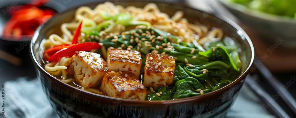 Delicious Tofu Noodle Soup with Spinach and Sesame Seeds - Photo Delicious Tofu Noodle Soup with Spinach and Sesame Seeds - Photo