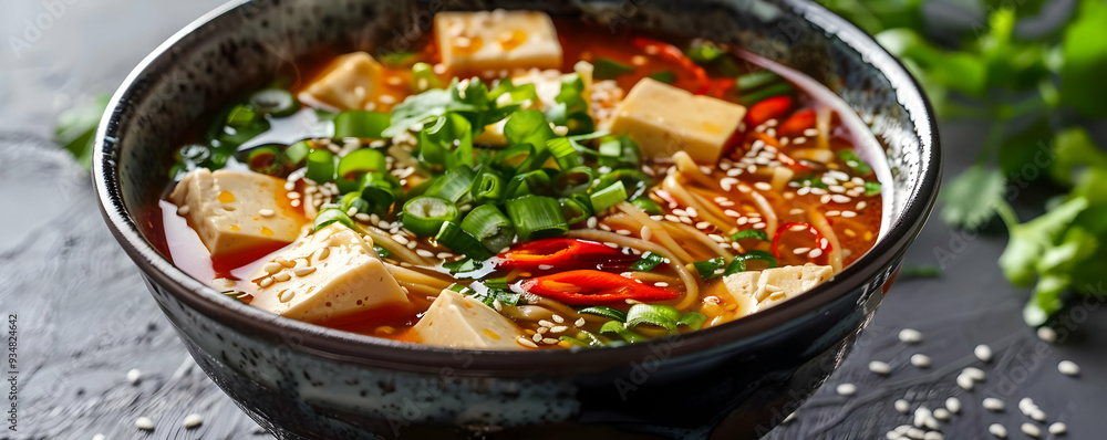 Delicious Tofu Soup with Noodles and Green Onions - Food Photography Delicious Tofu Soup with Noodles and Green Onions - Food Photography