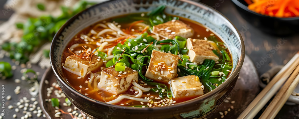 Tofu Noodle Soup with Sesame Seeds and Green Onions - Realistic Food Photography Tofu Noodle Soup with Sesame Seeds and Green Onions - Realistic Food Photography