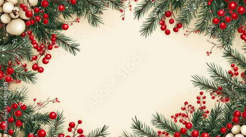 Merry Christmas and Happy New Year! Invitations and congratulations with vector illustrations of winter ornaments, rowan, cotton, and fir branches. Suitable for backgrounds, patterns, flyers, or cards