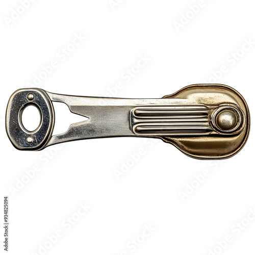 Vintage metallic door handle with a round knob and a keyhole. The handle has a sleek, industrial design.