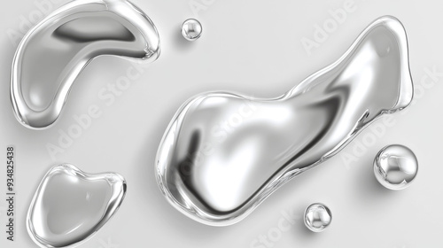 Vector illustration of realistic 3D metal silver droplets with a pearl texture. Includes isolated abstract shapes of chrome balls and metallic drops, ideal for jewelry design.