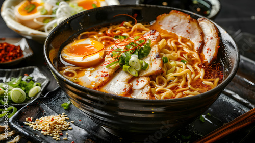 Wallpaper Mural Japanese Ramen Noodles with Pork and Egg in Black Bowl - Food Photography Torontodigital.ca