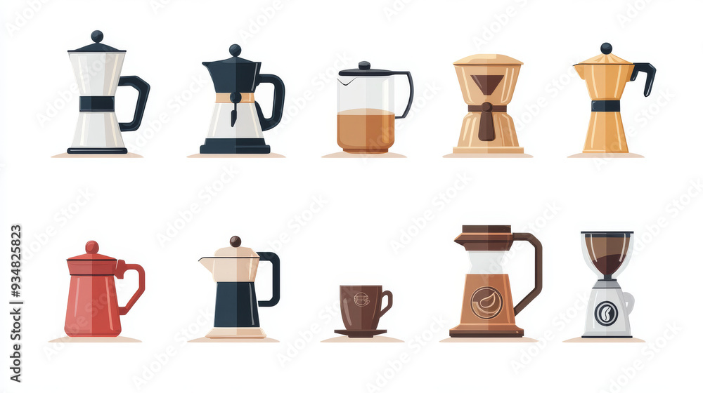 Vector icons set of coffee makers and machines, featuring a cartoon coffee pot, espresso machine, cup and mug, French press, drip coffee maker, pour-over, Turkish cezve, Aeropress, moka pot, and singl Vector icons set of coffee makers and machines, featuring a cartoon coffee pot, espresso machine, cup and mug, French press, drip coffee maker, pour-over, Turkish cezve, Aeropress, moka pot, and singl