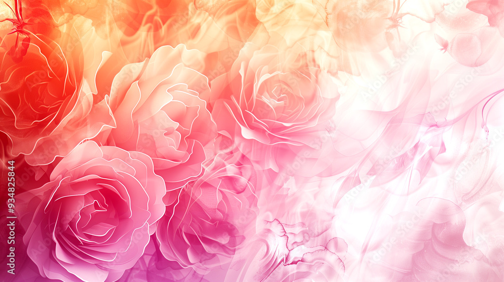 Fototapeta premium A colorful background with pink and orange flowers. The flowers are arranged in a way that they look like they are floating in the air. The background is a mix of pink and orange, creating a warm