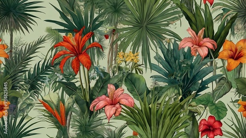  of a tropical jungle with palm trees, flowers, and birds.