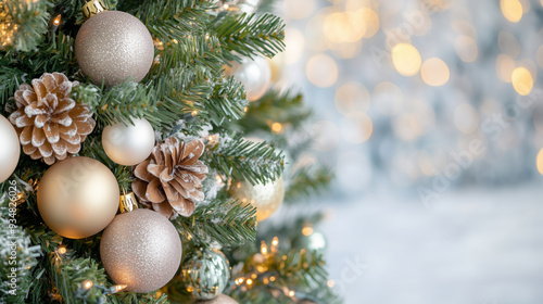 
Beautiful festive decorations on the Christmas tree. Close-up. Beautiful Christmas background. The concept of decorations and decor for the new year. New Year's Card 2025