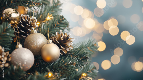 
Beautiful festive decorations on the Christmas tree. Close-up. Beautiful Christmas background. The concept of decorations and decor for the new year. New Year's Card 2025