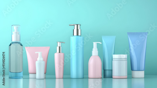 Vector illustration of blank 3D cosmetic containers and chemical plastic bottles, including a cream jar, cotton swabs, toilet or bath cleanser, soap dispenser, perfume atomizer, lotion tube, and shamp photo