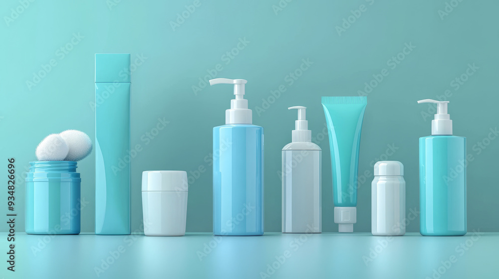 Vector illustration of blank 3D cosmetic containers and chemical plastic bottles, including a cream jar, cotton swabs, toilet or bath cleanser, soap dispenser, perfume atomizer, lotion tube, and shamp Vector illustration of blank 3D cosmetic containers and chemical plastic bottles, including a cream jar, cotton swabs, toilet or bath cleanser, soap dispenser, perfume atomizer, lotion tube, and shamp