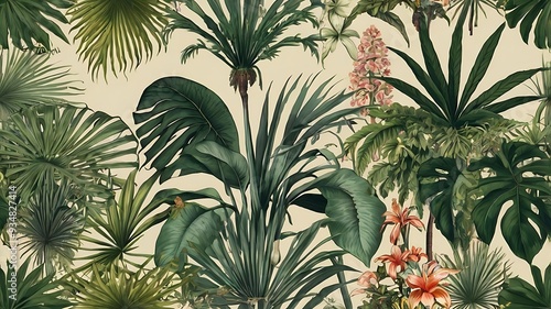  of a tropical jungle with palm trees, flowers, and birds.