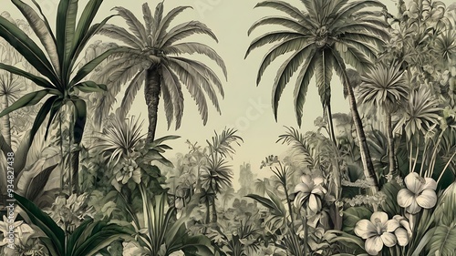  of a tropical jungle with palm trees, flowers, and birds.