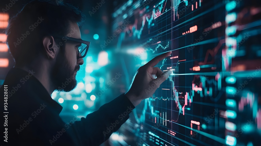 A man interacts with a transparent digital interface, focusing on forex charts and stock market data, as his finger highlights specific points on the graph A man interacts with a transparent digital interface, focusing on forex charts and stock market data, as his finger highlights specific points on the graph