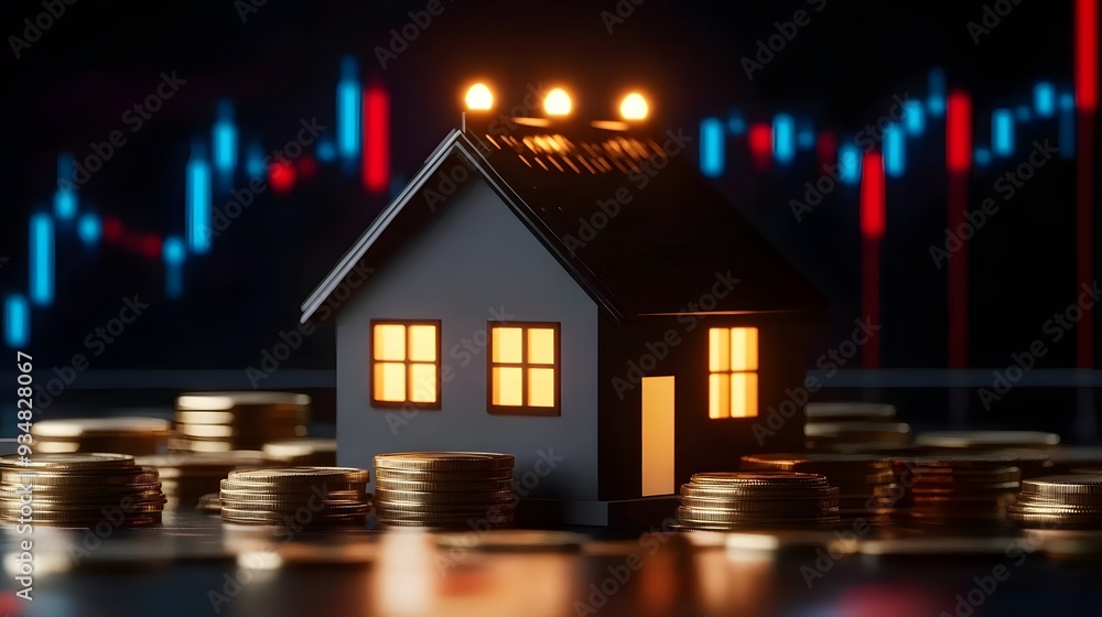 Small House with Glowing Lights, Surrounded by Coins, Upward Trend Graph, Dark Blue Black Gold Theme Small House with Glowing Lights, Surrounded by Coins, Upward Trend Graph, Dark Blue Black Gold Theme