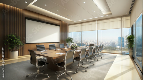 A modern and comfortable meeting room for an international corporation  featuring contemporary furniture and the latest communication technology.