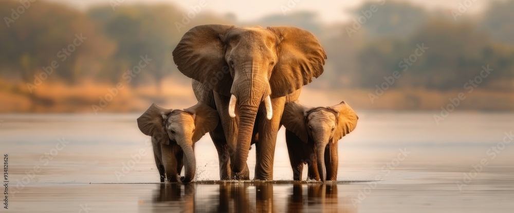 Fototapeta premium Elephant family enjoying a tranquil riverbank, with full body shots and natural light enhancing the serene environment